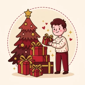 Presente de Natal: 10 Ideias que Resolvem Vários Nomes da Lista Ilustração em estilo cartoon de pilha de presentes vermelhos ao lado de árvore de natal simples — presente de natal