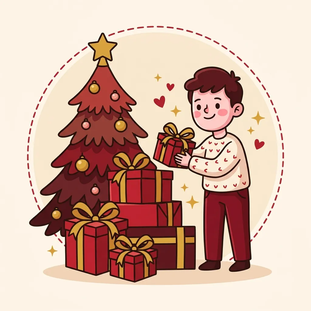 Ilustração em estilo cartoon de pilha de presentes vermelhos ao lado de árvore de natal simples — presente de natal