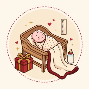 Presente para Recém-Nascido: 10 Ideias que Ainda Servem Daqui a Seis Meses Ilustração em estilo cartoon de recém-nascido dormindo no berço com presente e manta ao lado — presente para recém-nascido