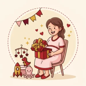 Ilustração em estilo cartoon de gestante abrindo presente em chá de bebê, com bandeirinhas ao fundo — presente para chá de bebê