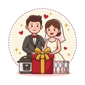 Ilustração em estilo cartoon de noivos atrás de presente com panela de pressão e taças de cristal — presente de casamento