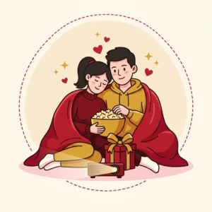 Ilustração em estilo cartoon de casal dividindo manta e pipoca com mini projetor ligado — presente dia dos namorados