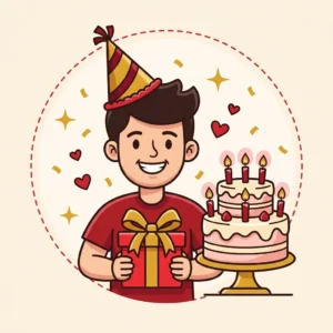 Ilustração em estilo cartoon de pessoa segurando presente ao lado de bolo com velas e confete dourado — presente de aniversário