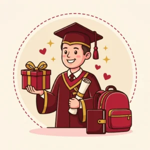 Ilustração em estilo cartoon de formando de beca segurando presente, com mochila e agenda ao lado — presente de formatura