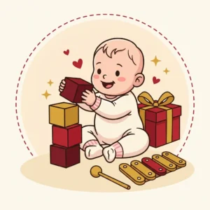 Presente para Bebê de 1 Ano: 10 Opções com Faixa Etária Conferida Ilustração em estilo cartoon de bebê de um ano empilhando blocos coloridos ao lado de uma caixa de presente — presente para bebê de 1 ano