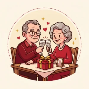 Presente de Aniversário de Casamento: 10 Ideias para a Pessoa, Não para a Casa Ilustração em estilo cartoon de casal de longa data brindando com taças, presente sobre a mesa — presente de aniversário de casamento