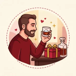 Presente para Quem Gosta de Whisky: 10 Opções Certeiras Ilustração em estilo cartoon de adulto admirando copo de whisky com esfera de gelo e decanter ao lado — presente para quem gosta de whisky