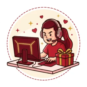Ilustração em estilo cartoon de gamer de headset na mesa com mouse, mousepad e iluminação ambiente — presente para gamer