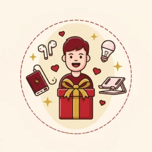 Ilustração em estilo cartoon de pessoa cercada de ícones de gadgets simples, com presente ao centro — presente tecnológico