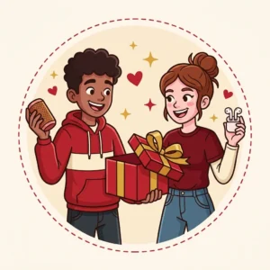 Presentes para Adolescentes: 10 Ideias que Eles Vão Querer Mostrar Ilustração em estilo cartoon de dois adolescentes mostrando um ao outro o que veio no presente — presentes para adolescentes