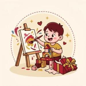 Ilustração em estilo cartoon de criança pintando e montando blocos livremente, com respingos de tinta — presente criativo para criança