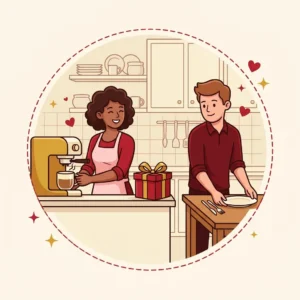 Presente para Casal: 10 Ideias que Funcionam Mesmo se Só Um Gostar Ilustração em estilo cartoon de casal na cozinha, um coando café e outro pondo a mesa, presente ao lado — presente para casal