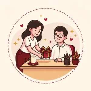 Presente para Colega de Trabalho: 10 Ideias que Ficam na Mesa Dele Ilustração em estilo cartoon de colega deixando presente pequeno na mesa organizada de outro — presente para colega de trabalho