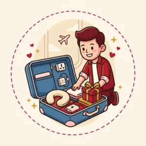 Ilustração em estilo cartoon de viajante arrumando mala com travesseiro de pescoço e adaptador — presente para quem gosta de viajar