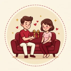 Ilustração em estilo cartoon de casal jovem sentado a certa distância, um oferecendo uma caixinha de presente — presente para ficante