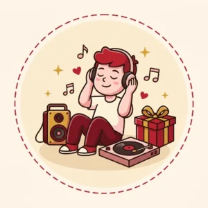 Presente para Quem Gosta de Música: 10 Ideias que Tocam de Verdade Ilustração em estilo cartoon de pessoa de olhos fechados ouvindo música de fone, vitrola ao lado — presente para quem gosta de música