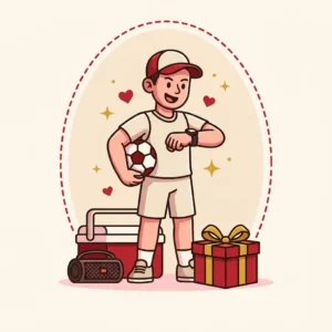 Presente para Quem Gosta de Esporte: 10 Ideias sem Camisa de Time Ilustração em estilo cartoon de pessoa com bola de futsal e relógio de atividade, sem camisa de time — presente para quem gosta de esporte