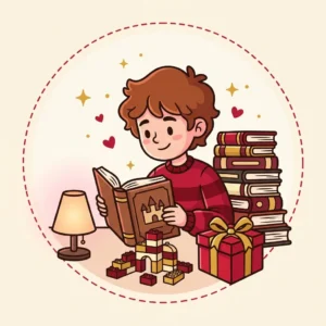 Ilustração em estilo cartoon de pessoa lendo livro de capa dura sob luminária, com blocos de montar — presente Harry Potter