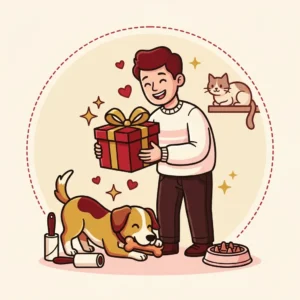 Presente para Quem Tem Pet: 10 Ideias que Resolvem a Vida do Dono Ilustração em estilo cartoon de dono sorrindo com presente enquanto cachorro brinca com mordedor — presente para quem tem pet