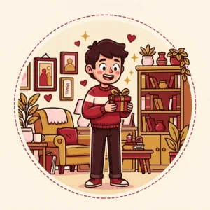 Ilustração em estilo cartoon de pessoa em sala bem mobiliada surpresa com um presente pequeno — presente para quem já tem tudo