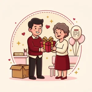 Ilustração em estilo cartoon de pessoa entregando presente em marco de vida fora do calendário comum — presente para datas comemorativas