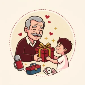 Ilustração em estilo cartoon de avô grisalho sorrindo ao receber presente do neto, com garrafa térmica — presente para avô