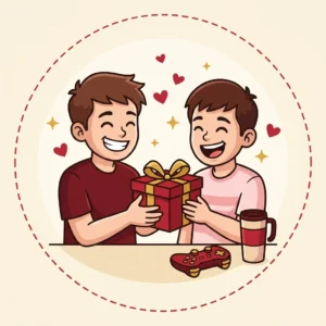 Presente para Irmão: 10 Ideias com Nota, Preço e Defeito Ilustração em estilo cartoon de dois irmãos rindo, um entregando ao outro uma caixa de presente vermelha — presente para irmão