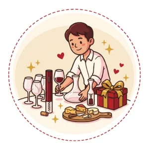 Ilustração em estilo cartoon de mesa posta com taças de cristal, decanter e saca-rolhas elétrico — presente para quem gosta de vinho