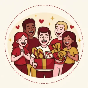 Ilustração em estilo cartoon de grupo de amigos rindo junto ao abrir presente de zoação — presente para amigo da onça
