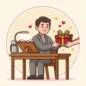 Presente para Pastor: 10 Ideias que Ele Não Ganha Todo Ano Ilustração em estilo cartoon de pastor à mesa com livro em apoio de leitura e luz de clipe — presente para pastor