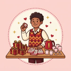Ilustração em estilo cartoon de locutor de bingo com bola numerada e vários presentes na mesa de prêmios — prendas para bingo