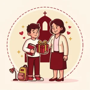 Ilustração em estilo cartoon de adolescente ao lado do padrinho segurando livro de capa dura e presente — presente de crisma