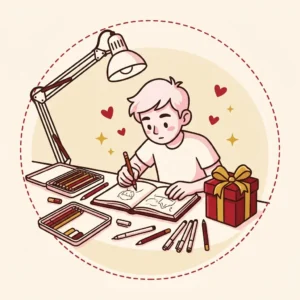 Ilustração em estilo cartoon de ilustrador desenhando em sketchbook com lápis de cor e canetas nanquim — presente para quem gosta de desenhar