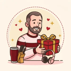 Presente para Homem de 40 Anos: 10 Ideias que Ele Não Compra para Si Ilustração em estilo cartoon de homem de quarenta anos surpreso ao ganhar copo térmico e fone — presente para homem de 40 anos