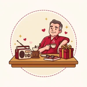 Ilustração em estilo cartoon de homem de cinquenta anos em manhã tranquila com rádio retrô e moedor — presente para homem de 50 anos
