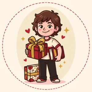 Presente para Criança de 9 Anos: 10 Ideias que Não Parecem Infantis Ilustração em estilo cartoon de criança de nove anos segurando presente ao lado de livro e jogo de tabuleiro — presente para criança de 9 anos