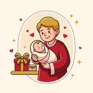 Presente de Batizado para Afilhado: 10 Ideias que Duram Ilustração em estilo cartoon de padrinho segurando bebê enrolado em manta, com caixa de presente ao lado — presente de batizado para afilhado