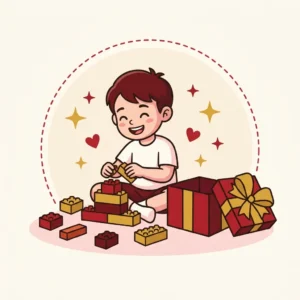 Ilustração em estilo cartoon de criança de oito anos montando blocos sozinha ao lado de presente aberto — presente para criança de 8 anos