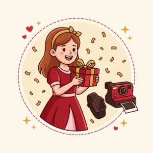Ilustração em estilo cartoon de adolescente comemorando quinze anos com presente, relógio e câmera instantânea — presente de 15 anos