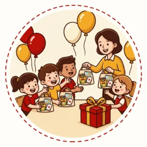 Ideias de Lembrancinha Dia das Crianças: 10 por Menos de R$ 20 Cada Ilustração em estilo cartoon de professora entregando sacolinhas de lembrancinha com giz de cera, massinha e livro de colorir para crianças — ideias de lembrancinha para o Dia das Crianças