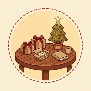 Ilustração em estilo cartoon de presentes pequenos embrulhados em papel kraft com laço vermelho ao lado de uma árvore de Natal, com sabonetes e um livro — ideias de presente de Natal barato