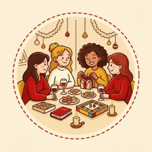 Ideias de Presente de Natal para Amiga: 10 que Parecem Escolhidas Ilustração em estilo cartoon de encontro de fim de ano entre amigas, com uma delas abrindo um presente e livro, jogo e vela sobre a mesa — ideias de presente de Natal para amiga