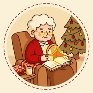 Ideias de Presente de Natal para Avó: 10 que Ela Usa Sem Pedir Ajuda Ilustração em estilo cartoon de avó lendo com uma lupa iluminada na poltrona da sala, cobertor ao lado e árvore de Natal ao fundo — ideias de presente de Natal para avó