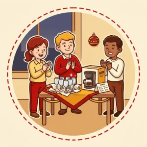 Ideias de Presente de Natal para Chefe: 10 que o Time Pode Dar Junto Ilustração em estilo cartoon de confraternização de escritório com jogo de taças de cristal e cafeteira sobre a mesa, e cartão assinado pelo time — ideias de presente de Natal para chefe