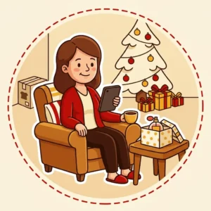 Ideias de Presente de Natal para Esposa: 10 que São Dela, Não da Casa Ilustração em estilo cartoon de mulher lendo sozinha na poltrona da sala com leitor digital e perfume ao lado, árvore de Natal ao fundo — ideias de presente de Natal para esposa