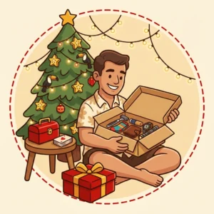 Ideias de Presente de Natal para Homem: 10 que Ele Usa Todo Dia e Não Repõe Ilustração em estilo cartoon de homem abrindo presentes de Natal com aparelho de barbear, meias, carteira, relógio e lanterna — ideias de presente de Natal para homem