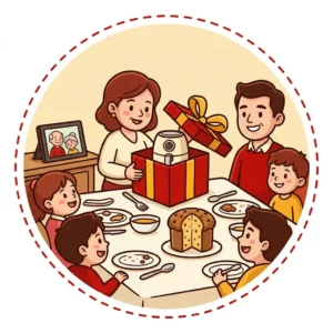 Ilustração em estilo cartoon de mãe abrindo presente de Natal na ceia, com air fryer na caixa e moldura digital com foto dos netos ao lado — ideias de presente de Natal para mãe