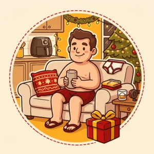 Ideias de Presente de Natal para Marido: 10 para Quem Dorme, Cozinha e Relaxa em Casa Ilustração em estilo cartoon de marido de pijama curto e chinelo no sofá de Natal com assistente de voz, travesseiro, air fryer, copo de whisky e headset — ideias de presente de Natal para marido