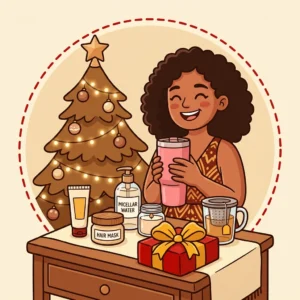 Ideias de Presente de Natal para Mulher: 10 de Cuidado que Ela Raramente Compra Ilustração em estilo cartoon de mulher na árvore de Natal com copo térmico, creme de mãos, máscara de cabelo, água micelar e vela — ideias de presente de Natal para mulher