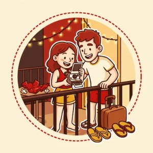 Ideias de Presente de Natal para Namorada: 10 para as Férias de Vocês Ilustração em estilo cartoon de moça na varanda olhando a foto de uma câmera instantânea recém-ganhada, com mala de bordo e chinelos ao lado — ideias de presente de Natal para namorada